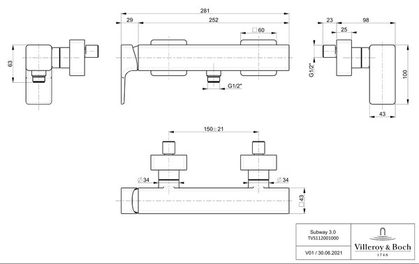 Villeroy & Boch Subway 3.0 baterie de duș perete negru TVS112001000K5