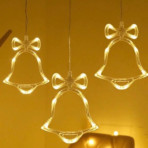 Decoratiune luminoasa de Craciun, forma clopotel, comutator ON/OFF, ventuza, baterii, 19 x 1 x 15 cm
