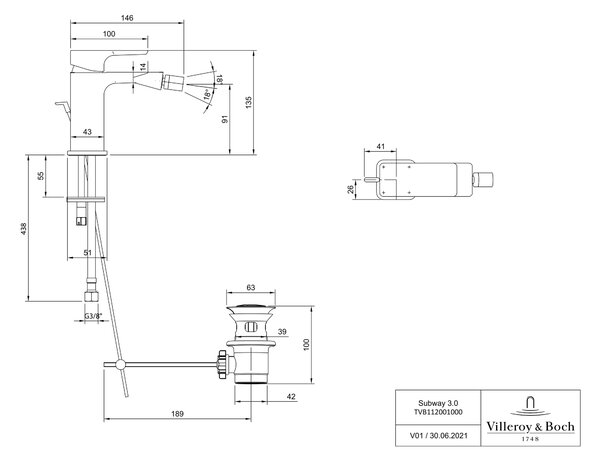 Villeroy & Boch Subway 3.0 baterie bideu stativ negru TVB112001000K5