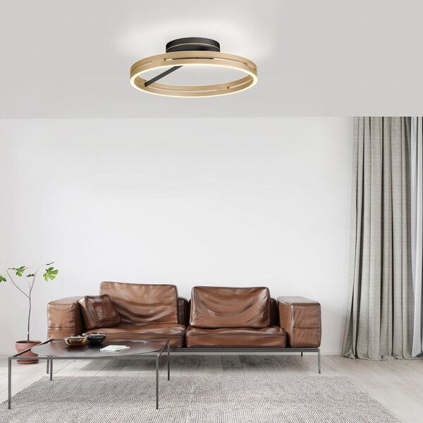 PURE Plafonieră LED Loop alamă/negru metal Ø 60 cm CCT, reglabil, Auriu / Alamă, Camera de zi / sufragerie, Aluminiu, Modern, Plafon rotund direct