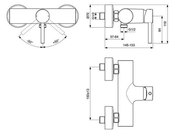 Baterie duș Ideal Standard Ceraline, montaj aparent, negru satinat