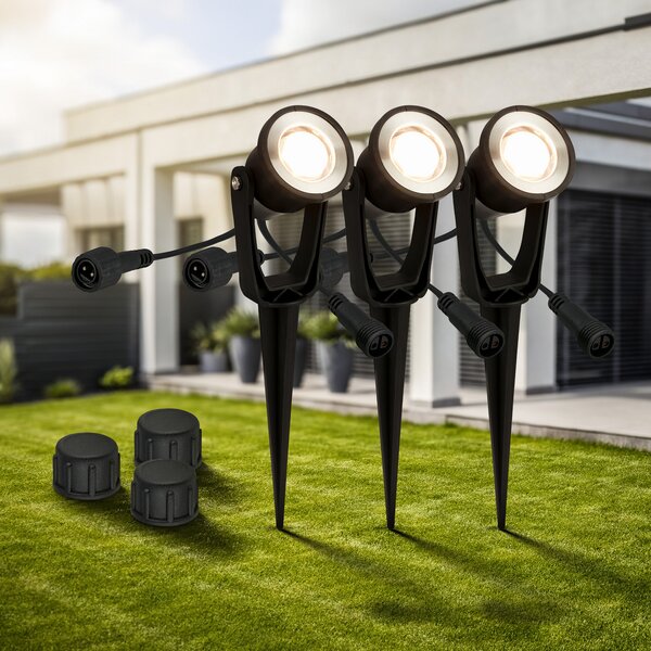 Briloner LED pământ spike spot 3919035 12V 3-spot extensie, negru Ø 5 cm, Negru, Plastic, Modern