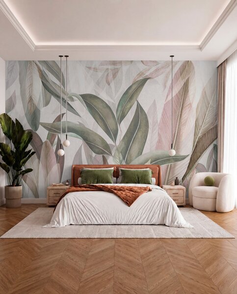 Tapet Frunze de palmier verzi și roz, Fototapet pădure, Fototapet Tropics, u94302 : Uwalls.ro
