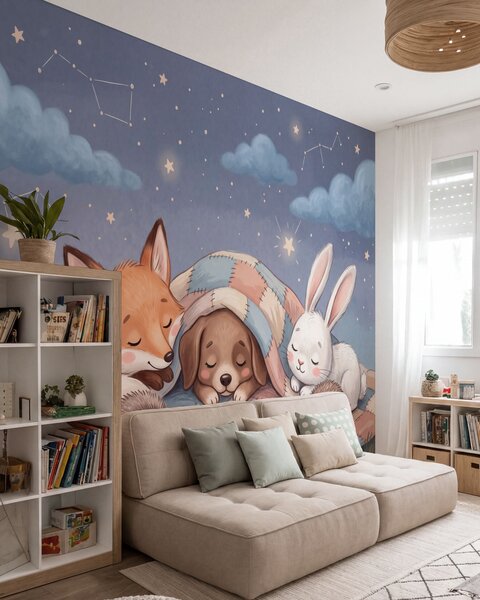 Tapet Animale de pădure pline de fantezie, care dorm sub un cer înstelat, pe o pătură confortabilă din, Imagini de fundal unice, w10098 : Uwalls.ro