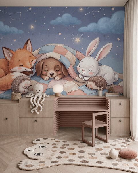 Tapet Animale de pădure pline de fantezie, care dorm sub un cer înstelat, pe o pătură confortabilă din, Imagini de fundal unice, w10098 : Uwalls.ro