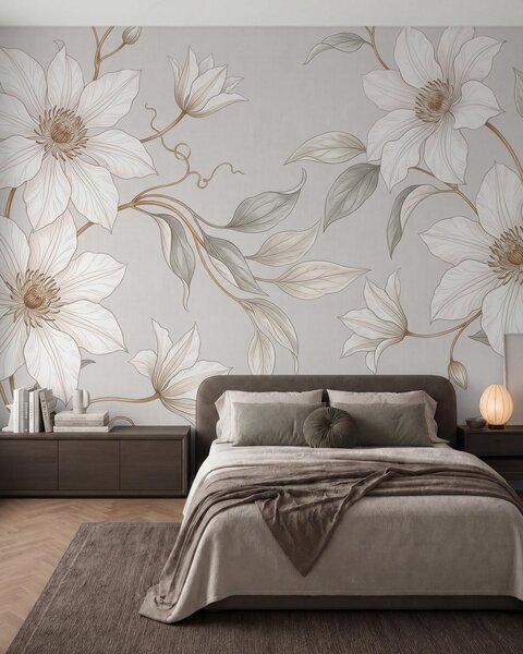 Tapet Flori botanice albe, elegante, cu ramuri delicate, Imagini de fundal unice, w10099 : Uwalls.ro