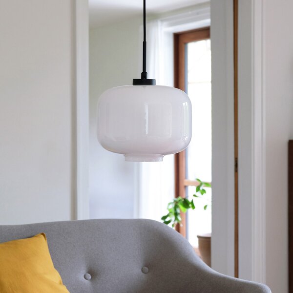 Dyberg Larsen Lampă suspendată Arp, albă, sticlă, Ø 30 cm, reglabil, Alb, Camera de zi / sufragerie, Sticlă, Design