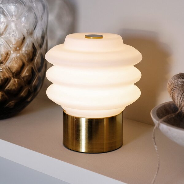 Dyberg Larsen Lampă de masă cu LED și baterie Diva, alb/culoarea alamei, reglabil, Auriu / Alamă, Camera de zi / sufragerie, Sticlă, Design