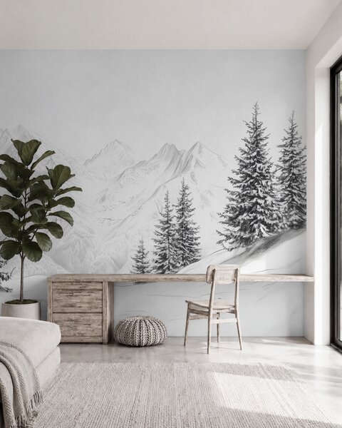Tapet Munți înzăpeziți, desen în stil creion, minimalism, pădure, natură, Fototapet Natură, w02351 : Uwalls.ro