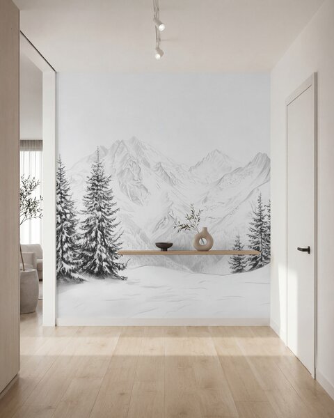Tapet Munți înzăpeziți, desen în stil creion, minimalism, pădure, natură, Fototapet Natură, w02351 : Uwalls.ro