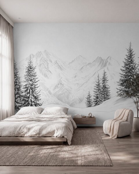 Tapet Munți înzăpeziți, desen în stil creion, minimalism, pădure, natură, Fototapet Natură, w02351 : Uwalls.ro