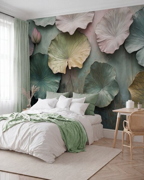 Tapet frunze de lotus în stil pastel cu un efect de volum, Fototapet Flori, w02441 : Uwalls.ro