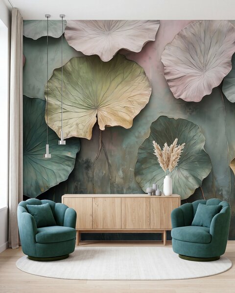 Tapet frunze de lotus în stil pastel cu un efect de volum, Fototapet Flori, w02441 : Uwalls.ro