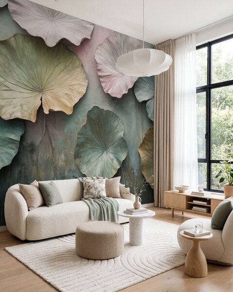 Tapet frunze de lotus în stil pastel cu un efect de volum, Fototapet Flori, w02441 : Uwalls.ro