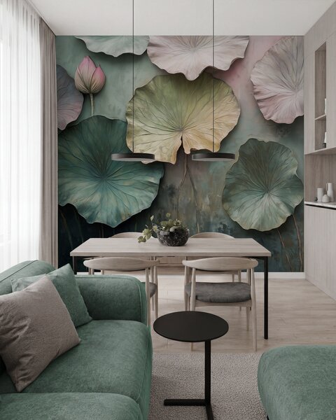 Tapet frunze de lotus în stil pastel cu un efect de volum, Fototapet Flori, w02441 : Uwalls.ro