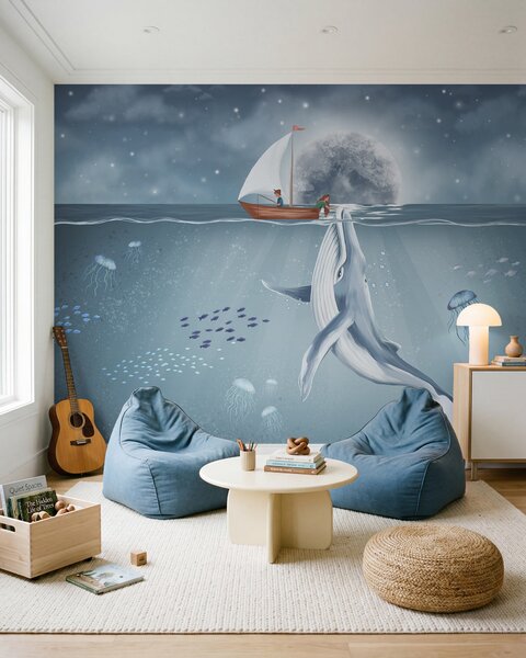 Tapet Design pentru copii cu balenă, lună și barcă cu copii, Fototapet Pentru Copii, w02476 : Uwalls.ro