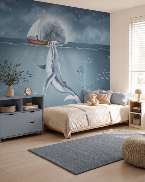 Tapet Design pentru copii cu balenă, lună și barcă cu copii, Fototapet Pentru Copii, w02476 : Uwalls.ro