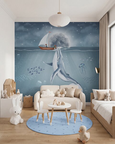Tapet Design pentru copii cu balenă, lună și barcă cu copii, Fototapet Pentru Copii, w02476 : Uwalls.ro