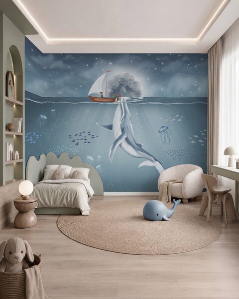 Tapet Design pentru copii cu balenă, lună și barcă cu copii, Fototapet Pentru Copii, w02476 : Uwalls.ro
