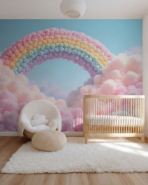 Tapet Curcubeu pufos pe nori, pictat, Fototapet Pentru Copii, Rainbow pentru copiilor, w02615 : Uwalls.ro