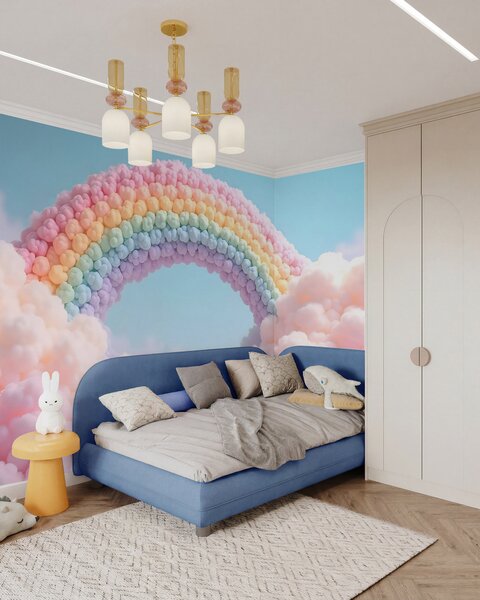 Tapet Curcubeu pufos pe nori, pictat, Fototapet Pentru Copii, Rainbow pentru copiilor, w02615 : Uwalls.ro