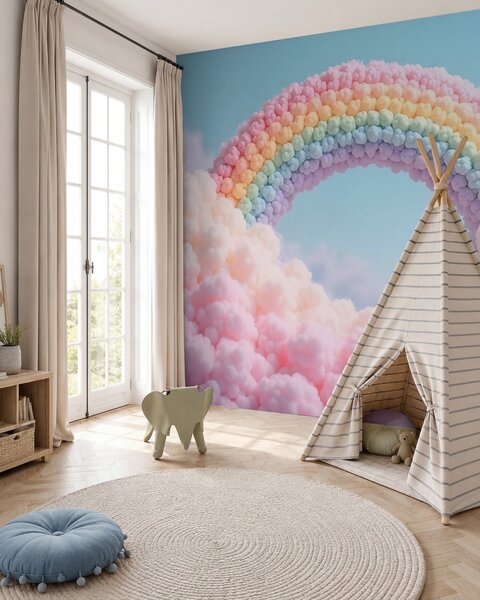 Tapet Curcubeu pufos pe nori, pictat, Fototapet Pentru Copii, Rainbow pentru copiilor, w02615 : Uwalls.ro