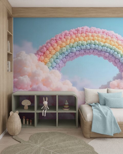 Tapet Curcubeu pufos pe nori, pictat, Fototapet Pentru Copii, Rainbow pentru copiilor, w02615 : Uwalls.ro