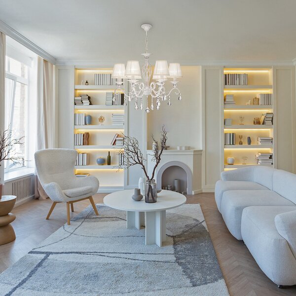 Maytoni Grace candelabru, alb, 6 becuri, organza, E14, reglabil, Alb, Camera de zi / sufragerie, Metal, Design