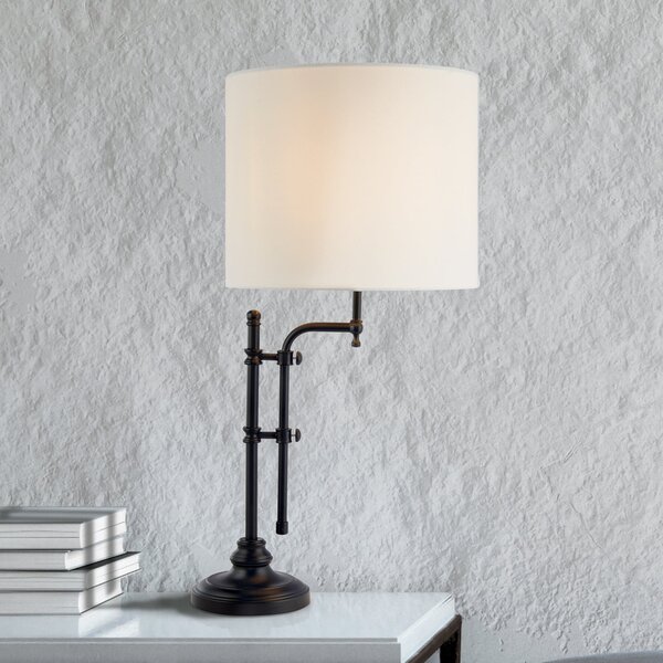 Searchlight Lampă de masă Munich, alb/negru, pânză, E27, reglabilă, Bej, Camera de zi / sufragerie, Țesătură / Textil, Modern