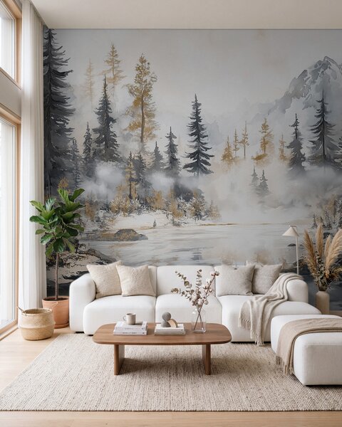 Tapet Peisaj de iarnă cu lac și pădure, munți, stil pastel darwing, Fototapet Natură, w02741 : Uwalls.ro