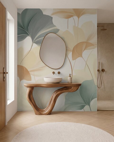 Tapet Model de frunze de ginkgo în tonuri pastelate moi, amestecând nuanțe de verde, galben și crem pentru a, Fototapet Natură, w02855 : Uwalls.ro