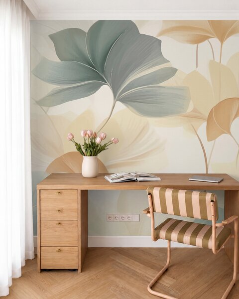 Tapet Model de frunze de ginkgo în tonuri pastelate moi, amestecând nuanțe de verde, galben și crem pentru a, Fototapet Natură, w02855 : Uwalls.ro