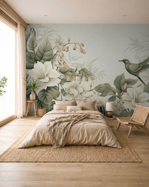 Tapet Peisaj tropical cu flori, Fototapet Acuarelă, w02844 : Uwalls.ro