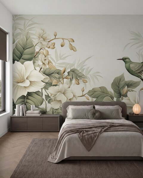 Tapet Peisaj tropical cu flori, Fototapet Acuarelă, w02844 : Uwalls.ro