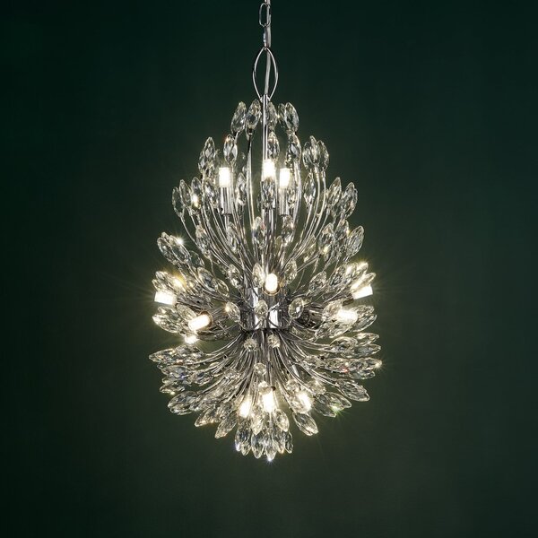 Searchlight Lampă suspendată Peacock, crom/limpede, sticlă de cristal, Ø 37 cm, G9, reglabil, Metalic, Camera de zi / sufragerie, Sticlă, Vintage