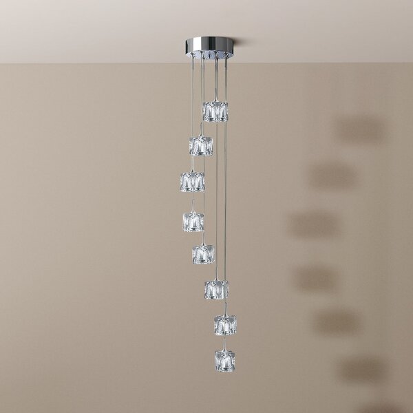 Searchlight Lampă suspendată Ice Cube LED, 8 becuri, crom, sticlă de cristal, Transparent, Camera de zi / sufragerie, Sticlă, Modern