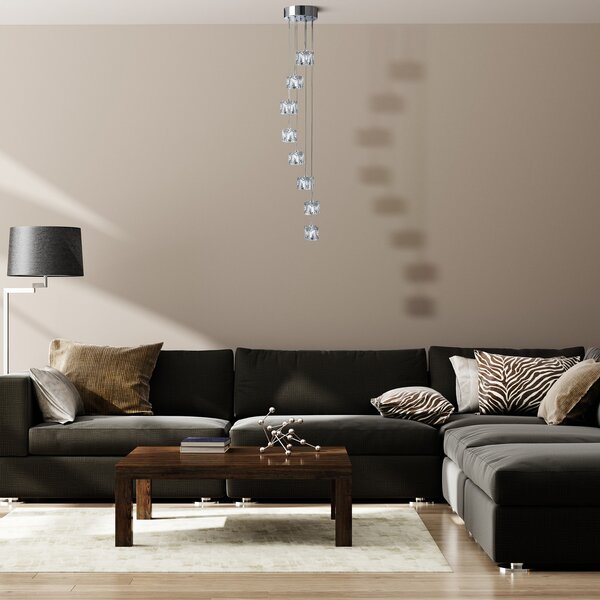 Searchlight Lampă suspendată Ice Cube LED, 8 becuri, crom, sticlă de cristal, Transparent, Camera de zi / sufragerie, Sticlă, Modern