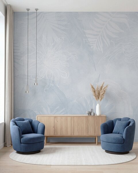 Tapet Frunze tropicale cu efect grunge, cu o nuanță albastră, Fototapet Natură, w02737v3 : Uwalls.ro