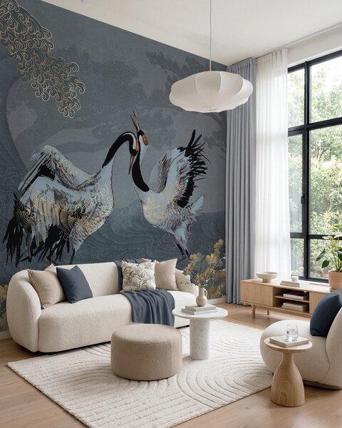 Tapet Macarale, copaci și valuri cu elemente în stil chinezesc, Fototapet Animale, Fototapet Păsări, w02747 : Uwalls.ro