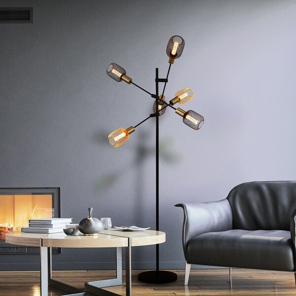 Searchlight Armstrong lampadar, negru/zahar, metal, 6 becuri, E27, Negru, Camera de zi / sufragerie, Metal, Modern
