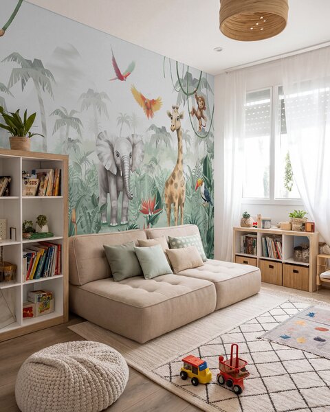 Tapet Design de junglă pentru copii cu leu, girafă, elefant și papagali, Fototapet Animale, w02440 : Uwalls.ro
