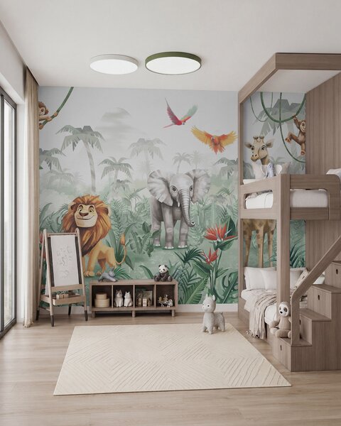 Tapet Design de junglă pentru copii cu leu, girafă, elefant și papagali, Fototapet Animale, w02440 : Uwalls.ro