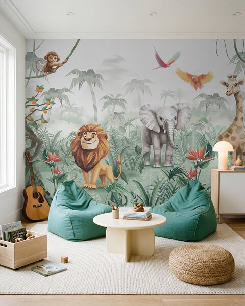 Tapet Design de junglă pentru copii cu leu, girafă, elefant și papagali, Fototapet Animale, w02440 : Uwalls.ro
