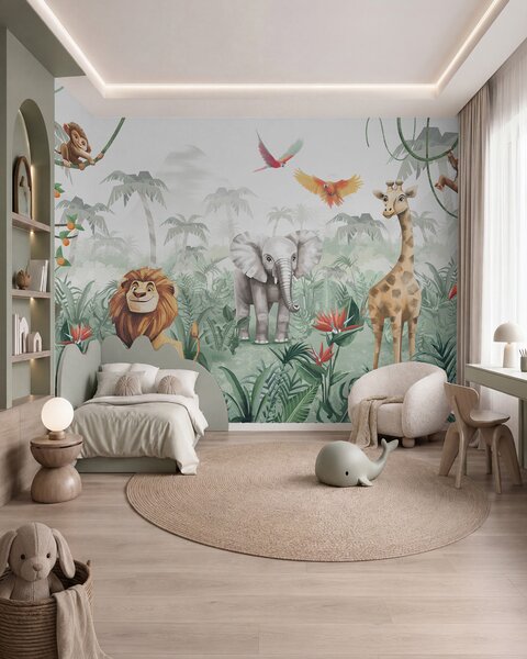 Tapet Design de junglă pentru copii cu leu, girafă, elefant și papagali, Fototapet Animale, w02440 : Uwalls.ro