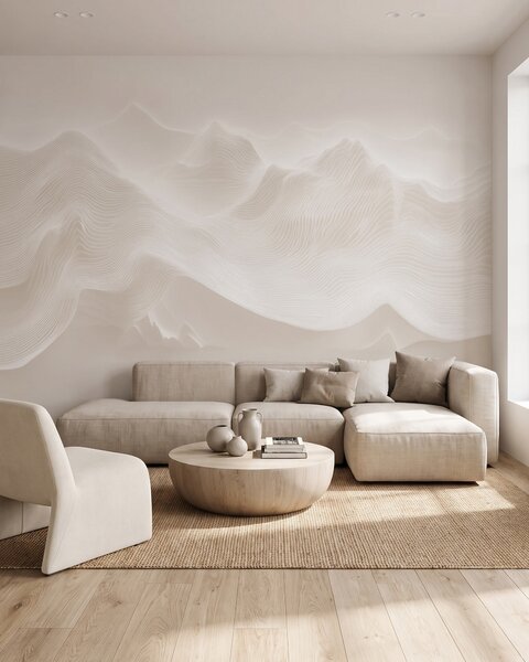 Tapet Munti abstracți, cu forme ondulate, într-o paletă de culori bej, în stil minimalist, Fototapet Abstract, w09713 : Uwalls.ro