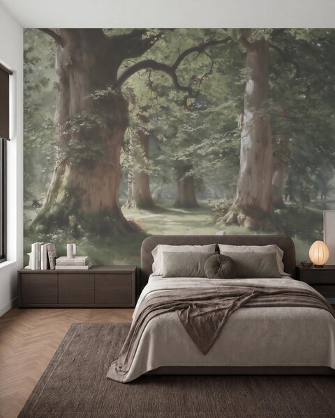 Tapet Peisaj de pădure de basm, într-o paletă delicată de verde-bej, în stil pictural, Fototapet Natură, w09845 : Uwalls.ro