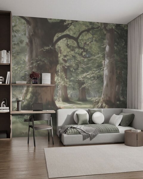 Tapet Peisaj de pădure de basm, într-o paletă delicată de verde-bej, în stil pictural, Fototapet Natură, w09845 : Uwalls.ro