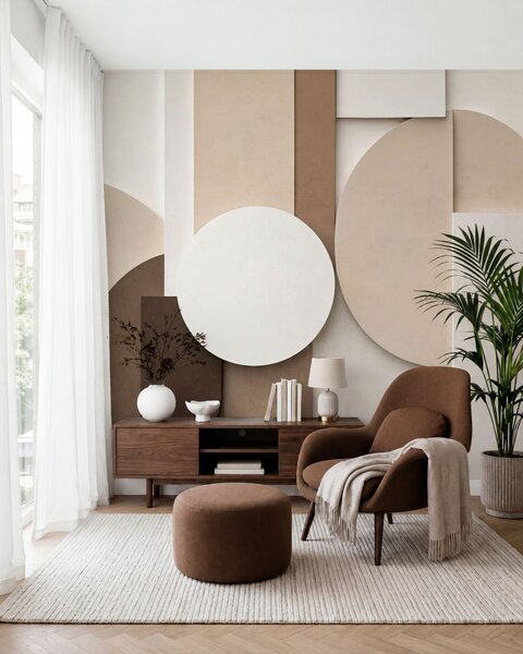 Tapet Forme geometrice bej cu textură, într-o compoziție 3D stratificată, decor de perete minimalist și, Fototapet Geometrie, w05598 : Uwalls.ro