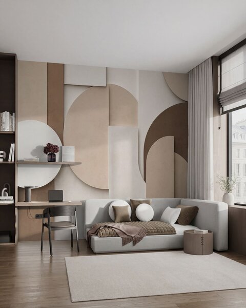 Tapet Forme geometrice bej cu textură, într-o compoziție 3D stratificată, decor de perete minimalist și, Fototapet Geometrie, w05598 : Uwalls.ro