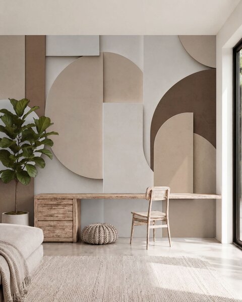 Tapet Forme geometrice bej cu textură, într-o compoziție 3D stratificată, decor de perete minimalist și, Fototapet Geometrie, w05598 : Uwalls.ro